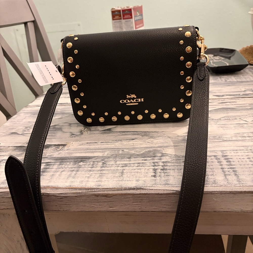COACH BLACK QUINN With Rivets Shoulder Crossbody Bag GOLD Hardware NWT